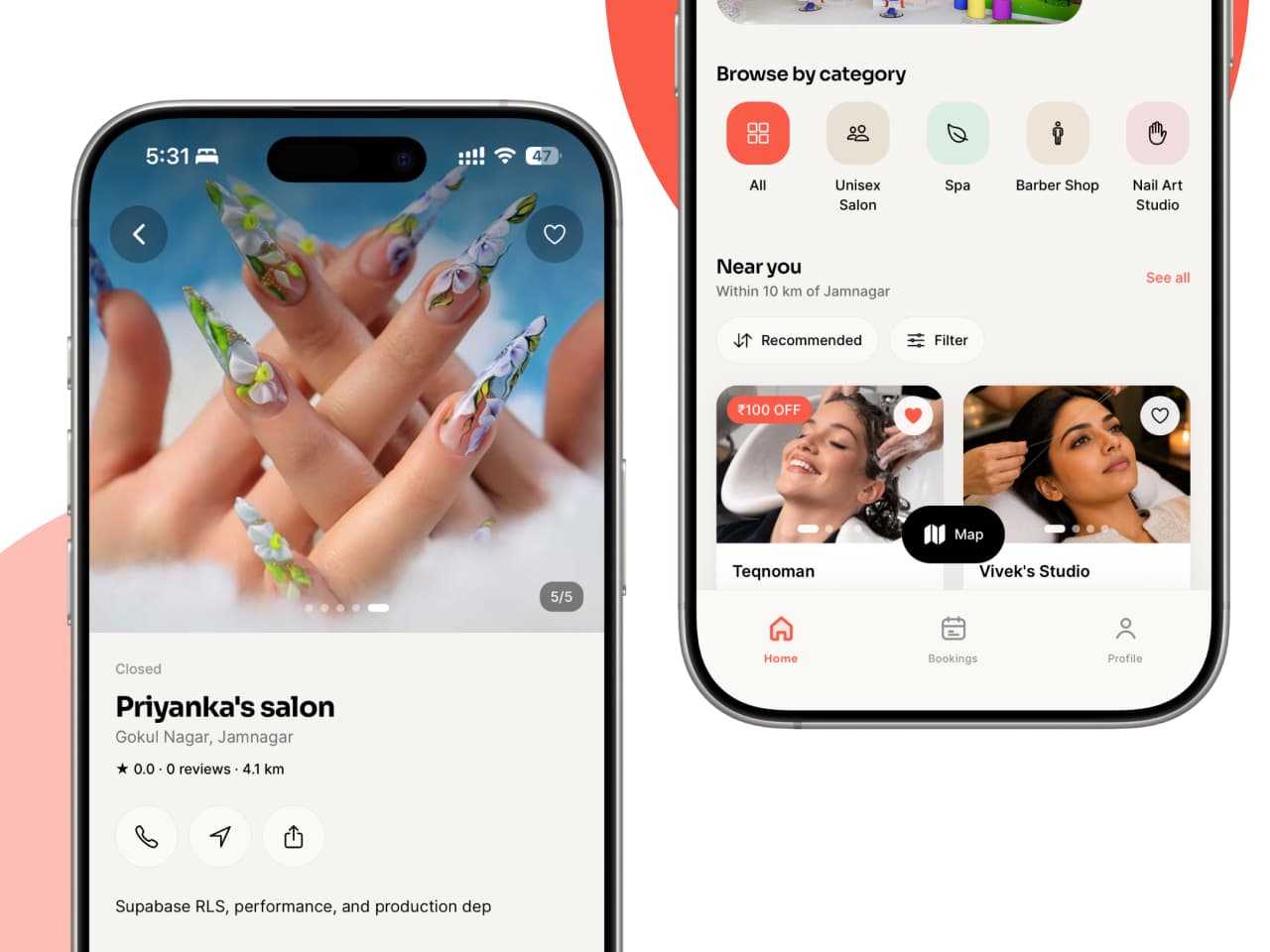 Glammzo mobile app on iPhone showing salon browse and booking screens