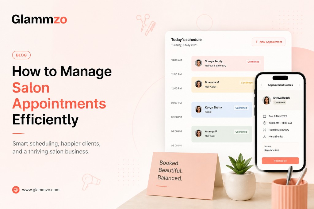 Glammzo salon appointment management software showing today's schedule on desktop and appointment details on mobile